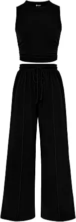 طقم نسائي من قطعتين PRETTYGARDEN صيفي 2025 (توب بدون أكمام محبوك + ملابس استرخاء للشاطئ والسفر) / PRETTYGARDEN 2-Piece Sets for Women 2025 Summer Sleeveless Tank Ribbed Travel Beach Lounge Wear