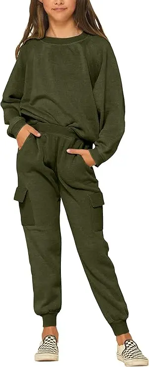 Imily Bela Kids Girls Sportswear Set, Round Neck Top and Drawstring Pants with Pocket — طقم ملابس رياضية للبنات من Imily Bela Kids، بلوزة بياقة دائرية، بنطال رياضي برباط وجيب