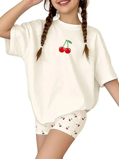 Florenz Girls 2 Piece Cherry Print T-Shirts, Short Sleeve Top and Shorts, White & Red, Ages 12+ — تي شيرتات فلورنز للبنات من قطعتين مطبوع عليها كرز، بأكمام قصيرة وبنطلون قصير، باللونين الأبيض والأحمر، مناسبة للأطفال من سن 12 عامًا فما فوق 