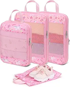 [https://amzn.to/46BaxZE] Kids Compact Packing Cubes 4-Piece Set for Travel with Shoe Bag (Pink Unicorn) — مكعبات تعبئة مضغوطة للأطفال - مجموعة من 4 مكعبات تعبئة للسفر مع حقيبة أحذية (يونيكورن وردي) 