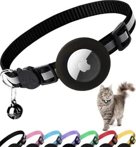 [https://amzn.to/3WovK4B] Airtag Cat Collar Breakaway, Reflective Kitten Collar with Apple Air Tag Holder and Bell for Girl Boy Cats, 0.4 Inches in Width and Lightweight(Black) 
