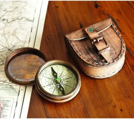 Wind & Weather Antiqued Brass Poem Compass with Leather Case